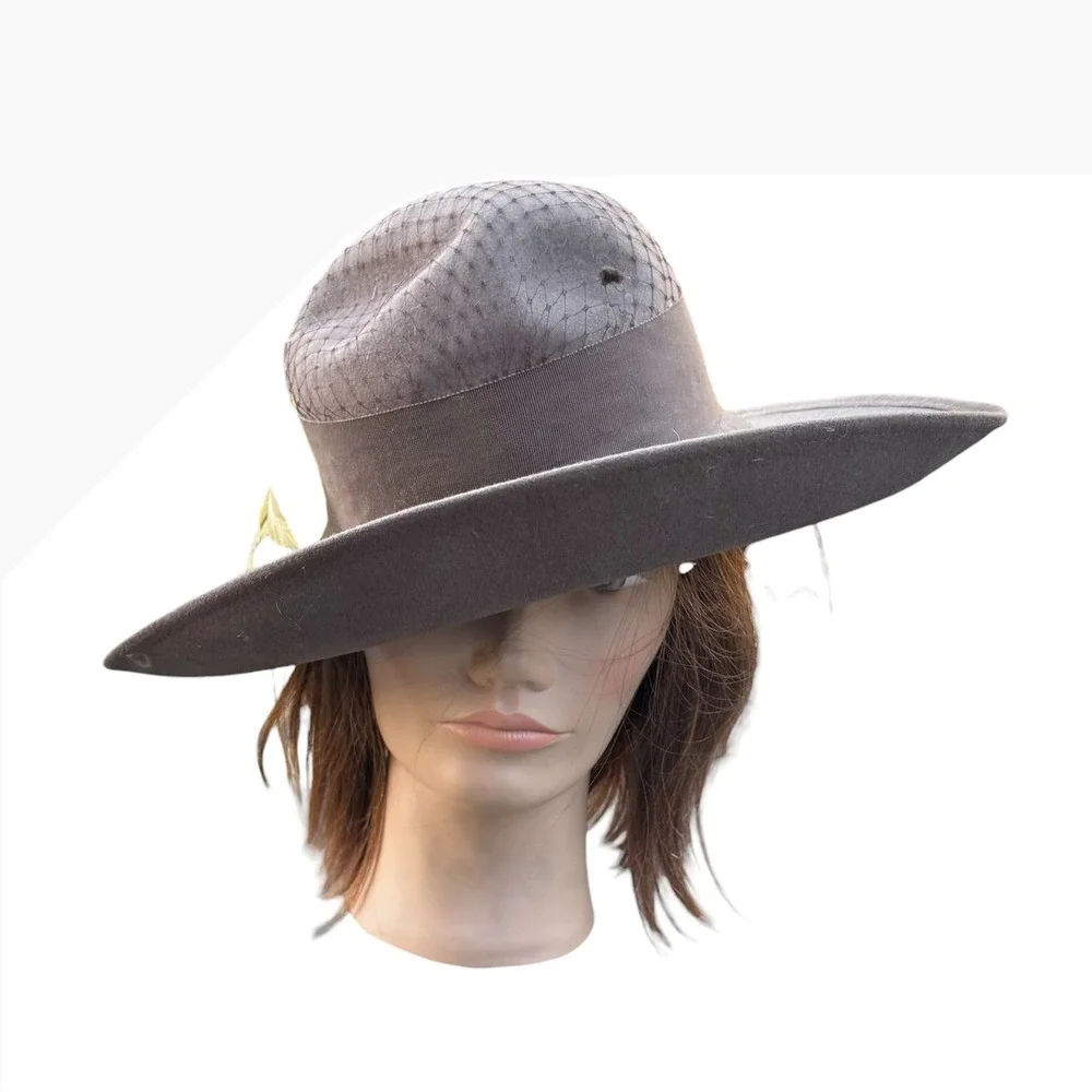 Vintage Grey Felt Wide Brim Fedora Hat with Netting and Yellow Feathers